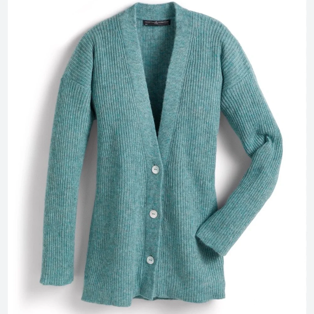 Peruvian Connection Ribbed Boyfriend Cardian in Teal - Picture 1 of 9